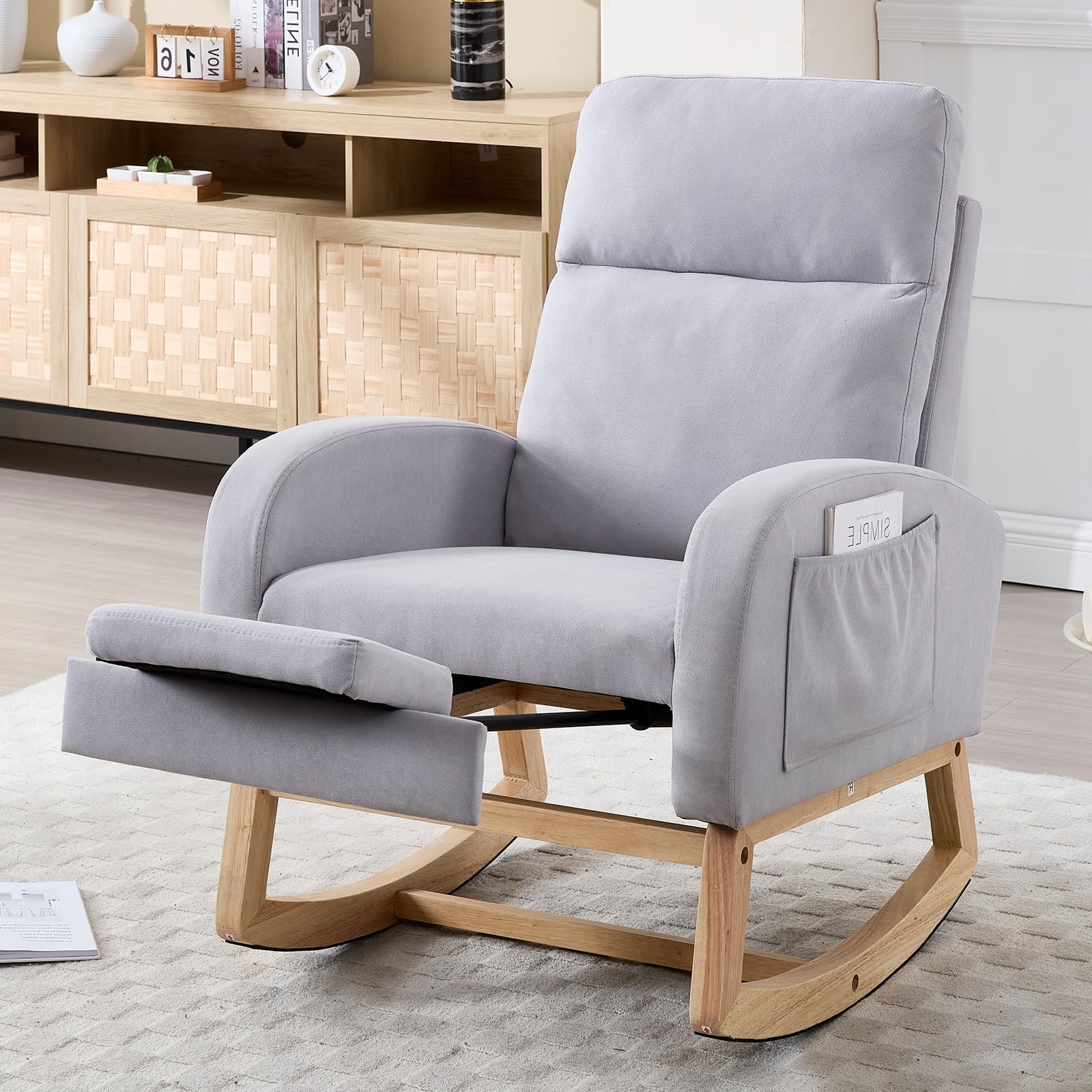 NIOIIKIT Oversized Nursery Rocking Chair, Linen Upholstered Glider Chair with Footrest, Large Glider Rocker with Side Pocket, Rocking Accent Chair, Glider Recliner for Living Room (Grey Linen)