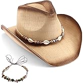 KICOSY Straw Hats for Women Straw Cowboy Hat Cowgirl Hat Beach Cowboy Hats for Women Western Beach Coastal Cowgirl Hat with 2 Replacement Decorative Bands Beige