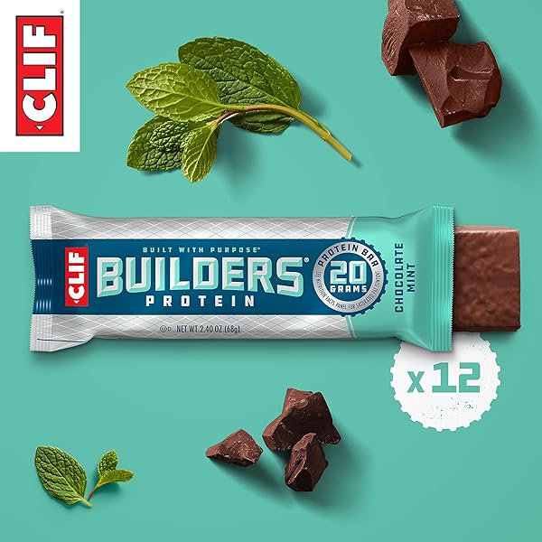 CLIF BUILDERS PROTEIN BARS – CHOCOLATE MINT FLAVOR – 20G PLANT BASED PROTEIN – GLUTEN FREE – NON-GMO – LOW GLYCEMIC – NO ARTIFICIAL SWEETENERS – VALUE PACK, 2.4 OZ. (12 COUNT)