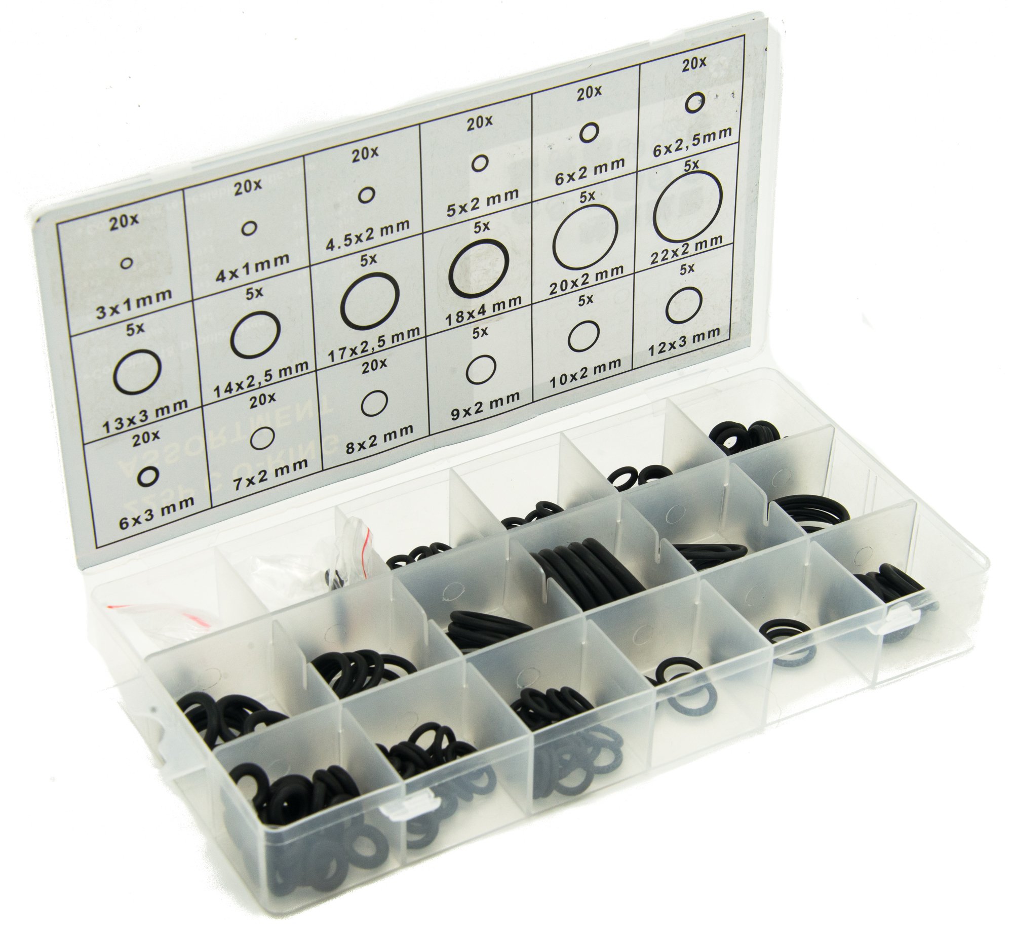 225pc O Ring Assortment - Rubber Washers for Sealing in Plastic Box