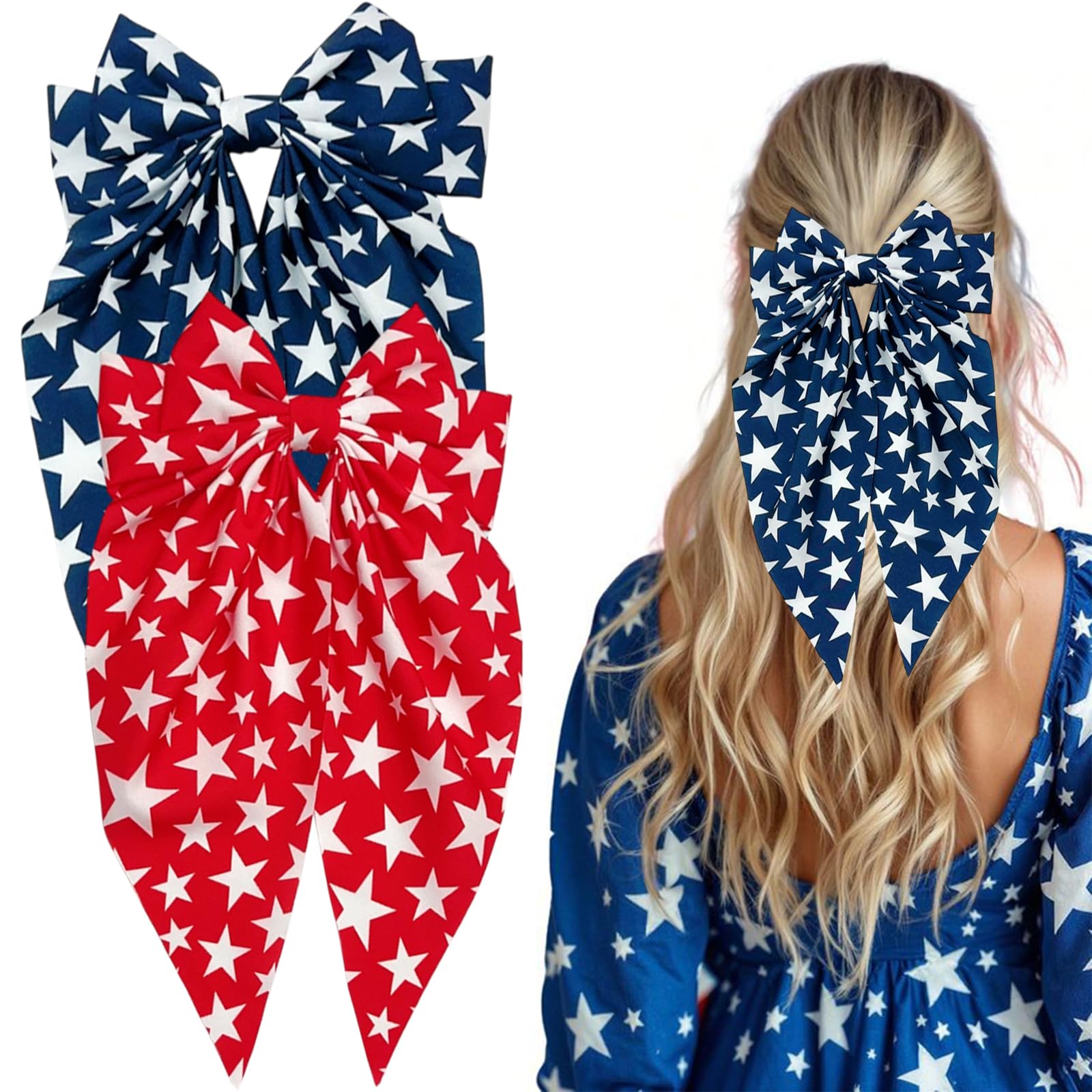 Photo 1 of 4th of July Bow Hair Clips for Women Girls 2Pcs Big Bows Independence Day Hair Accessories Red Blue Stars Hair Bows Non-Slip Long Tail Bowknot Barrettes Patriotic Bow Hair Ribbon Party Decor