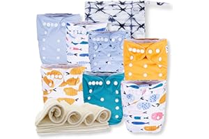 Nora's Nursery Cloth Diapers 7 Pack with 7 Inserts & 1 Wet Bag - Waterproof Cover, Washable, Reusable & One Size Adjustable Pocket Diapers for Newborns and Toddlers - Reel Me in