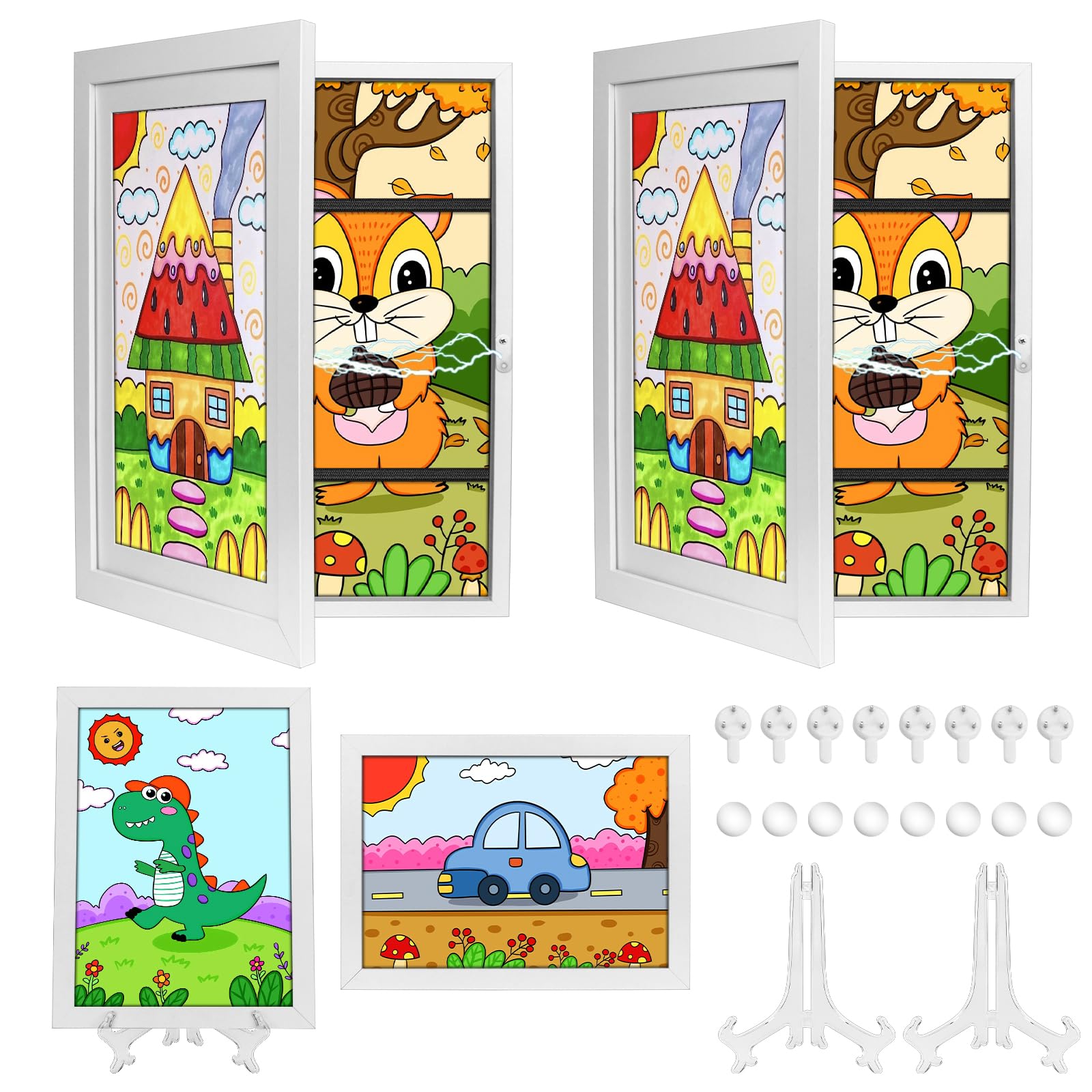 SelfTek Artwork Display Frame, 2 Pack Art Frames Front Opening A4 Wooden Storage Picture Frame with Stand for 150+ Pictures s Artwork Display, White
