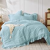 JOLLYVOGUE Blue Twin Size Comforter Set, 2 Pieces Seersucker Lightweight Fluffy Bedding Set, Twin Ruffle Comforter, All Season Soft Microfiber Shabby Chic Bed Set
