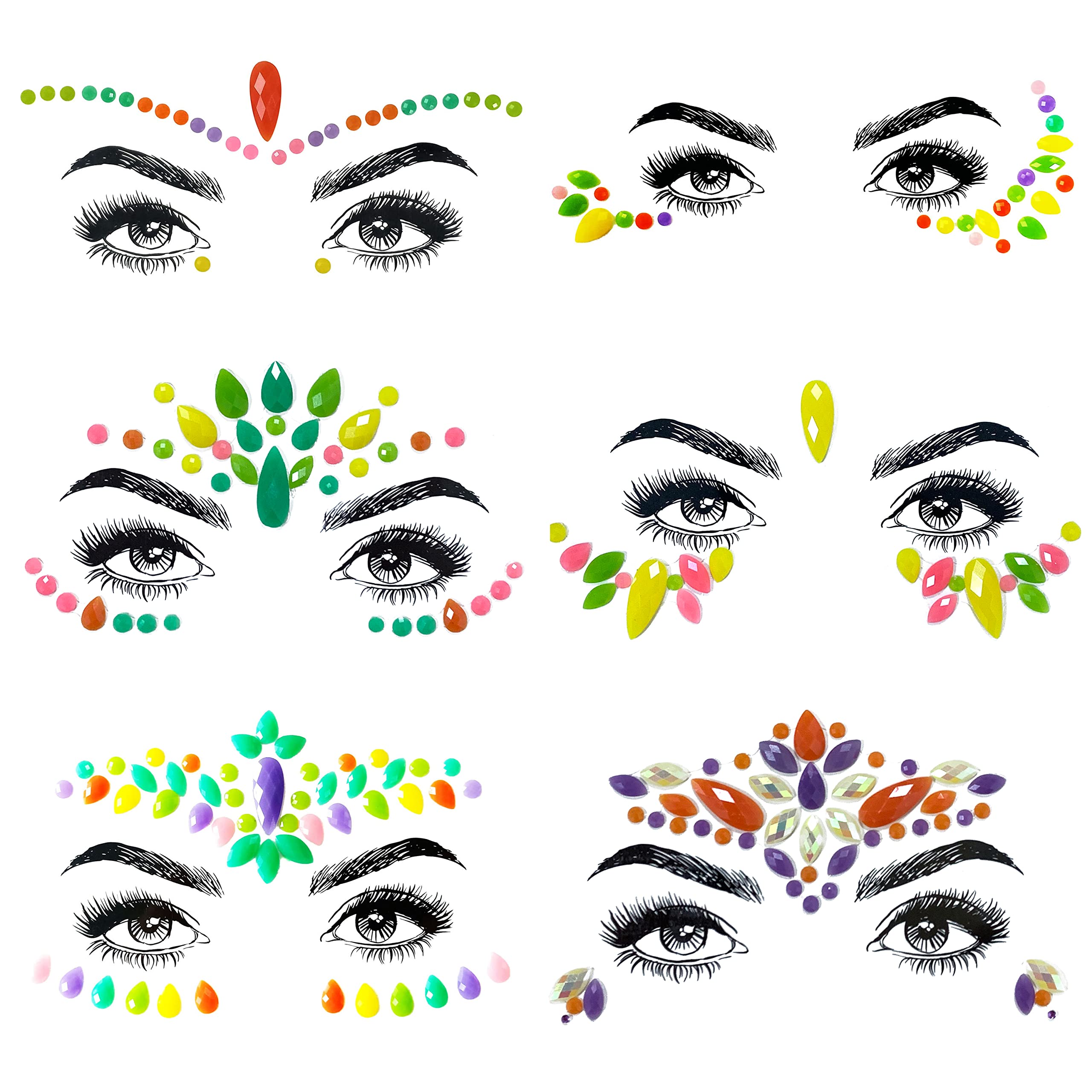 SHINEYES 6 Pcs Noctilucent Glow Face Sticker Glitter Gems jewels for Halloween Festival Party, Fluorescence Rhinestone Festival Face Stickers, Eyes Face Body Temporary Tattoos