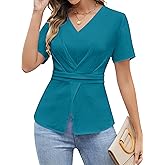 Blooming Jelly Womens Dressy Business Casual Blouse Pleated V Neck Tops Trendy Smocked Work Shirt Summer Outfit 2025 (Turquoise,L)
