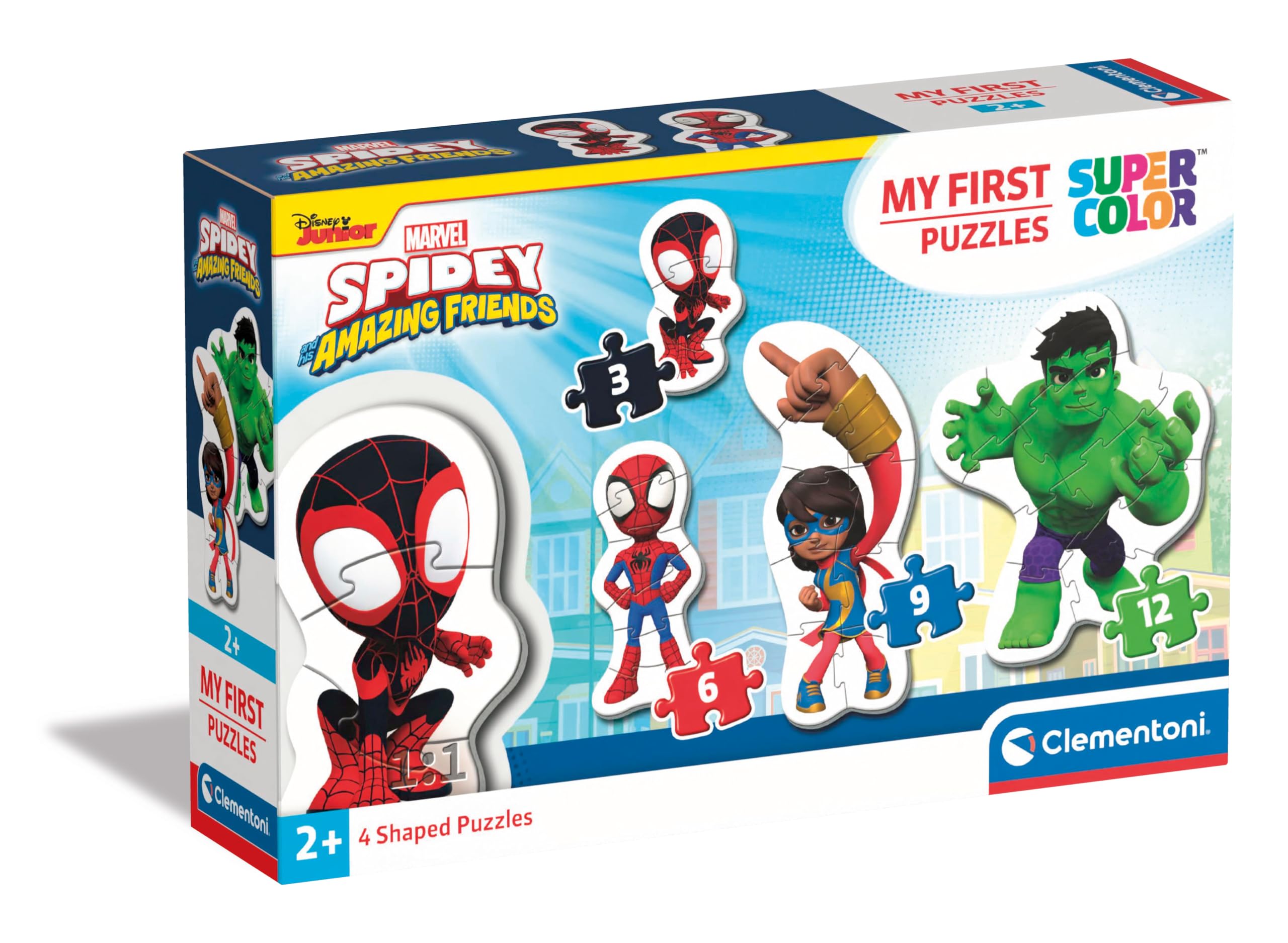 Clementoni 20836 Marvel Spidey And His Amazing Friends Jigsaw First 3,6,9,12 Pieces-Supercolor Children 2-4 Years, Cartoon, Shaped, Gift for Boy, Puzzle for Kids, Made in Italy, Multicolor