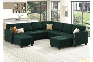 HONBAY Velvet Sectional Couch, U Shaped Sectional Sofa with Chaise Modular Sectional with Storage Ottoman for Living Room, Green