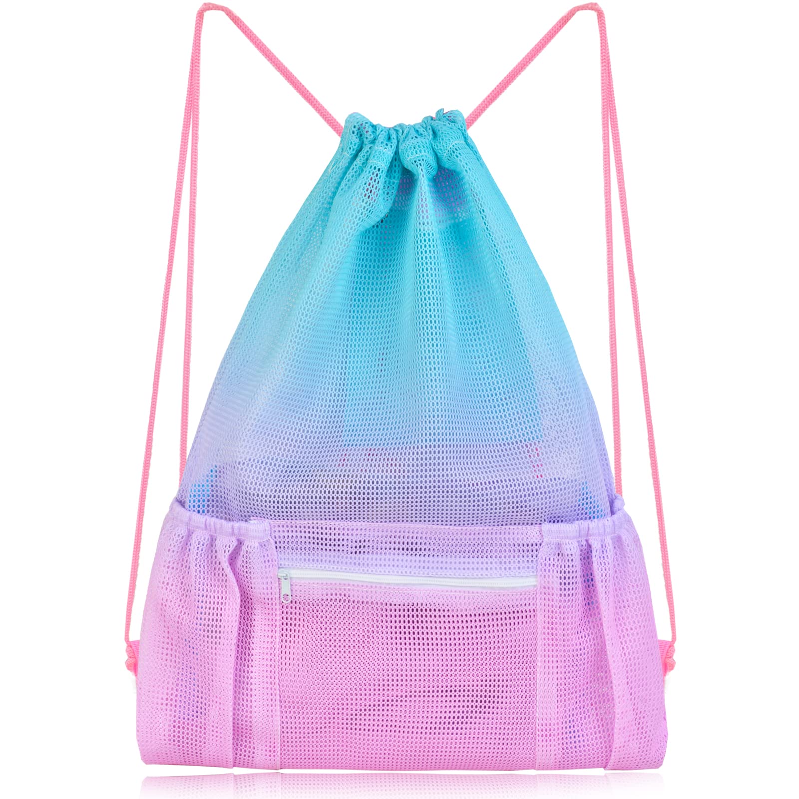 Mesh Drawstring Bag with Zipper Pocket, Beach Bag for Swimming Gear Backpack Gym Storage Bag for Adult Kids Pink Blue
