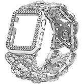VIQIV for Bling Apple Watch Bands Series 9 8 7 6 5 4 3 SE 45mm 44mm 40mm 38mm 41mm 42mm for Women Dressy, Upgraded Starlight Stretchy Cute Bracelet with Bling Cover for iWatch Band, Diamond Rhinestone Metal Wristbands Straps