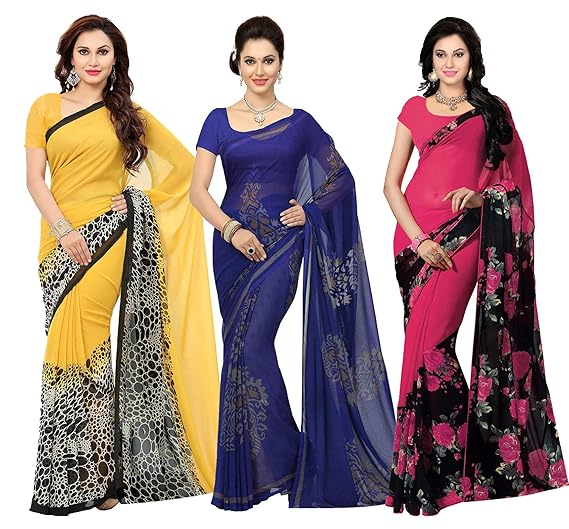 Womens Poly Georgette Printed Saree (Multicolour) - Combo of 3