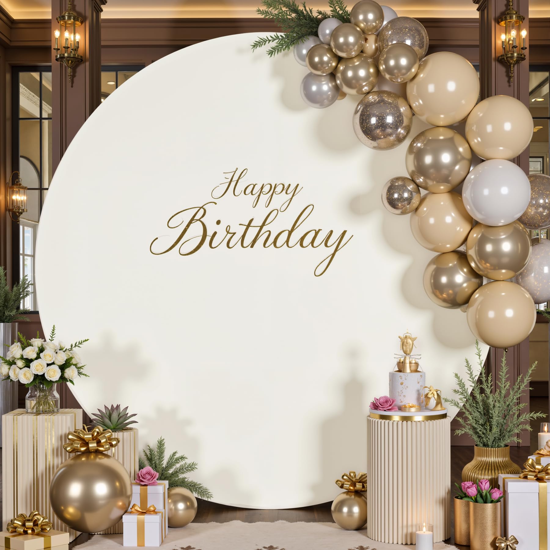 Photo 1 of 7.2ft Ivory Round Backdrop Cover for 7ft / 7.2ft Circle Stand, Wrinkle Free Stretchy Circle Arch Round Backdrop Cover for Party Wedding Birthday Baby Shower Photography