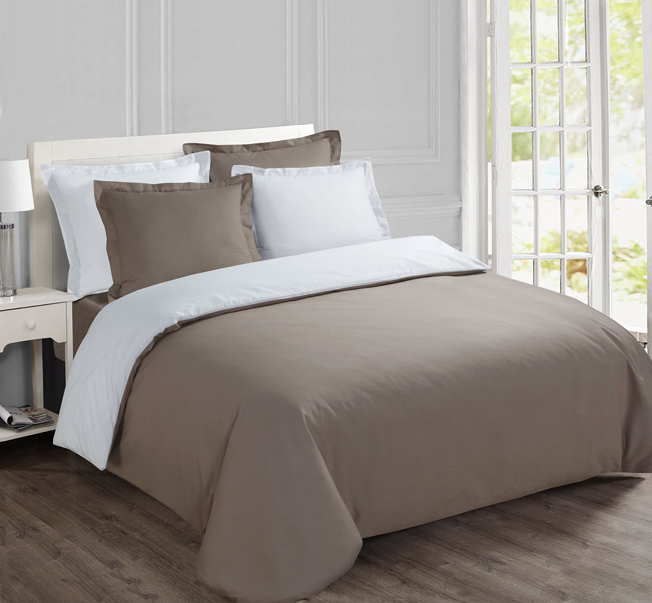 Vision 100% Cotton Duvet Cover Set - 1 Duvet Cover 200 x 200 cm and 2 Pillowcases 65 x 65 cm Taupe and White