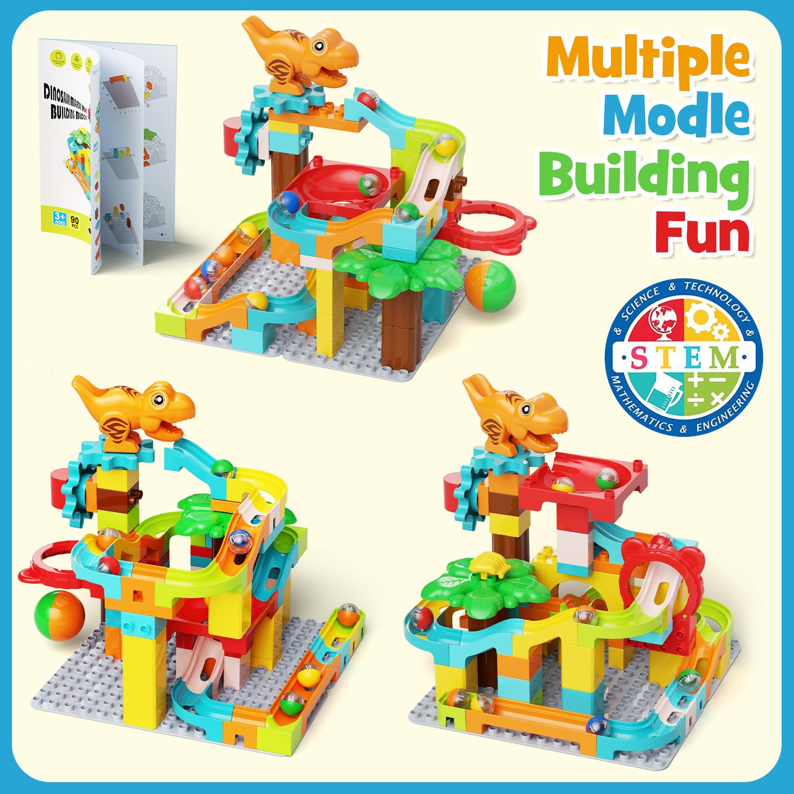 STEM MATCH Murmelbahn Bausteine Dinosaurier: 90 Teile Bahnelemente Set 4