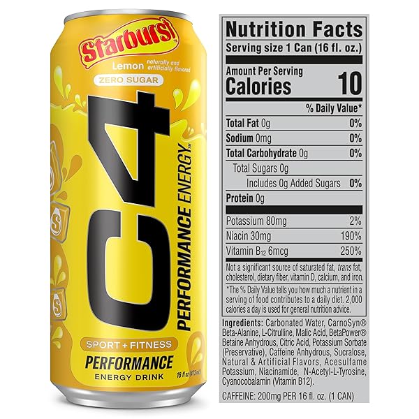 CELLUCOR C4 PERFORMANCE ENERGY DRINK | STARBURST LEMON | ZERO SUGAR CARBONATED PREWORKOUT ENERGY | 200MG CAFFEINE WITH BETA ALANINE | 16 FL OZ (12 PACK)