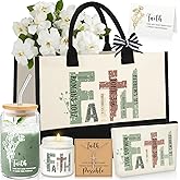 SilTriangle 6 Pcs Christian Gifts for Women Faith Set Religious Gift for Women with Tote Bag Makeup Bag Candle Cross Necklace Cup Greeting Card for Birthday Valentine Easter Church Inspiration(Green)