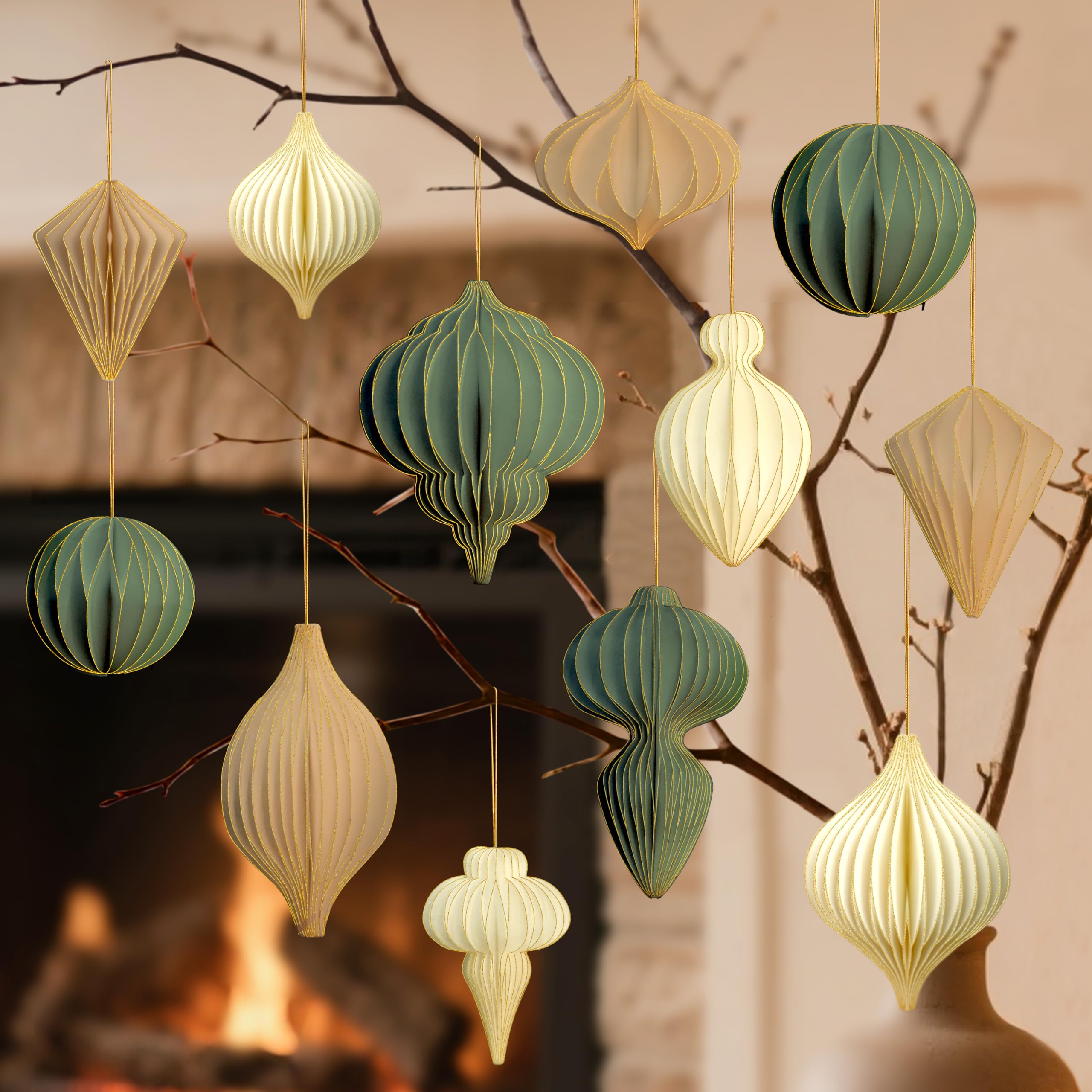 Photo 1 of 12Pcs Christmas Paper Honeycomb Ornaments for Tree, Neutral Christmas Hanging Decorations, 3D Glitter Edge Paper Honeycomb Lanterns Balls Foldable for Xmas Tree New Year Holiday Party Home Decor