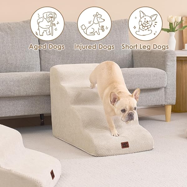 EHEYCIGA CURVED DOG STAIRS RAMP FOR HIGH BEDS 19.7″ H, 4-STEP DOG STEPS FOR SMALL DOGS AND CATS, PET STAIRS FOR HIGH BED CLIMBING, NON-SLIP BALANCED PET STEP INDOOR, BEIGE