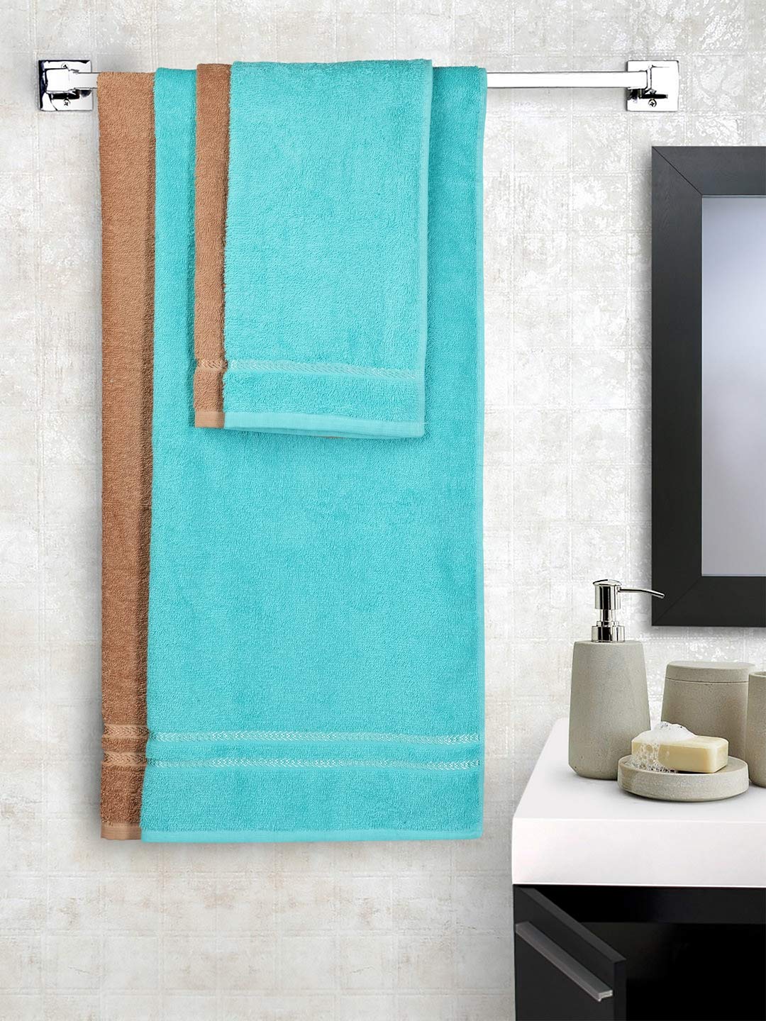 Spaces Season Best Turquoise and Brown 2 Bath Towel and 2 Hand Towel