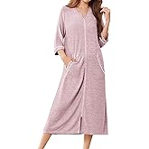 Ekouaer Zipper Robes for Women 3/4 Sleeve Bathrobe Lightweight House Coats for Women with Pockets Long Moo Moo Nightgown