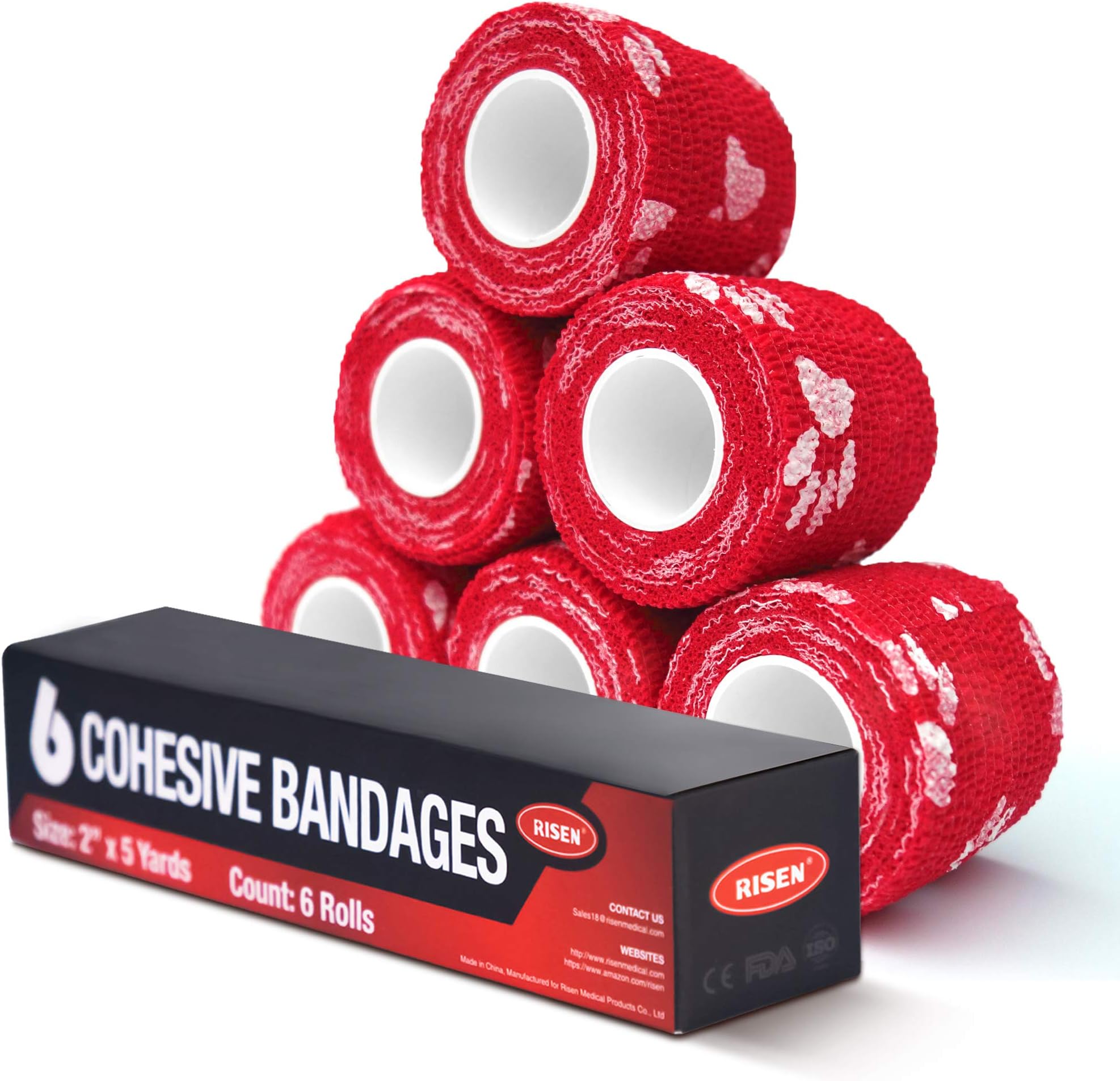 RISEN Cohesive Bandage 2” x 5 Yards, 6 Rolls, Self Adherent Wrap Medical Tape, Adhesive Flexible Breathable First Aid Gauze Ideal for Stretch Athletic