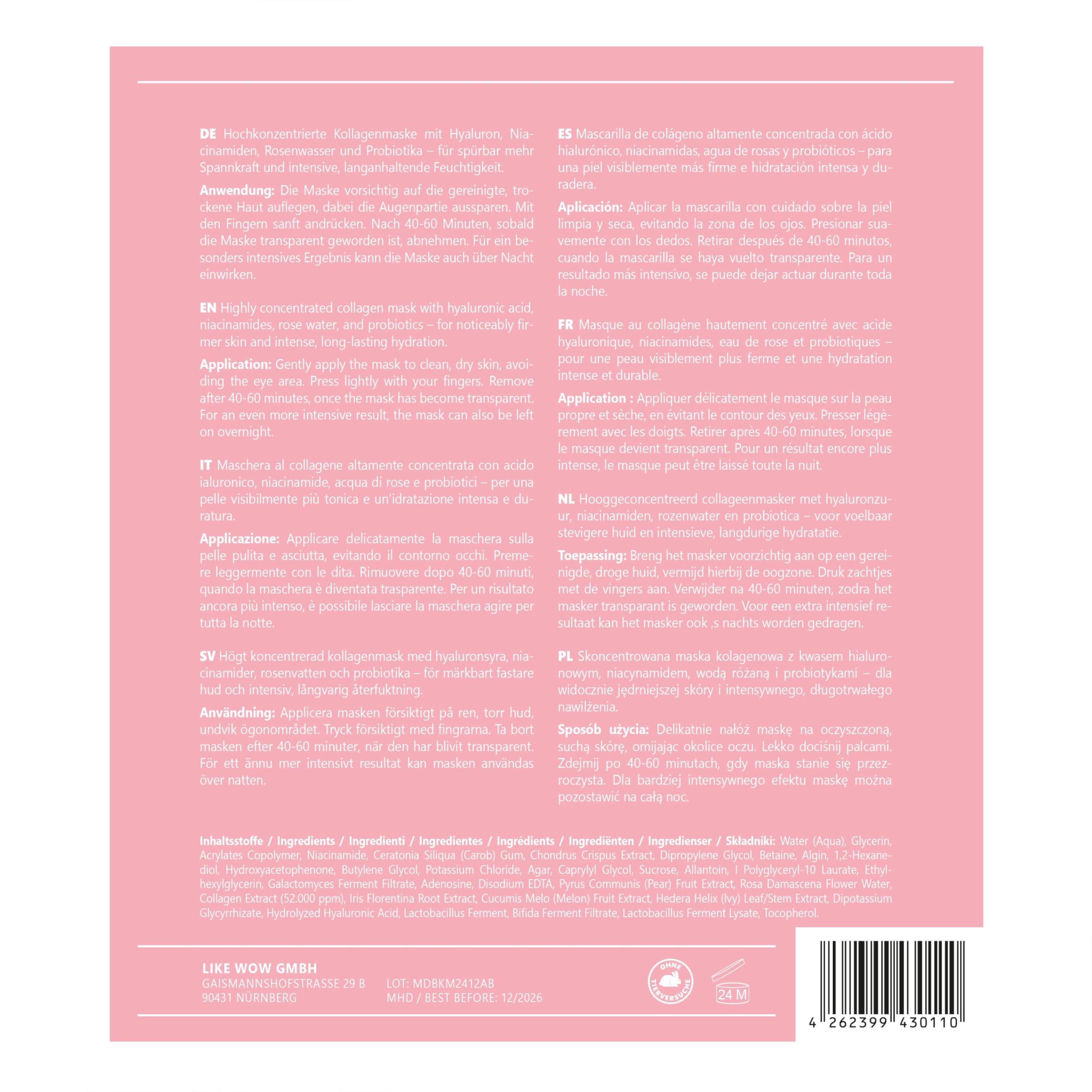 Kollagen Maske mit Hyaluron, Niacinamiden und Probiotika-Komplex für eine straffere Haut. Hydrogel Gesichtsmaske zur Faltenreduktion und Feuchtigkeitspflege. Ultra-hochkonzentriert mit 52.000 ppm. 10