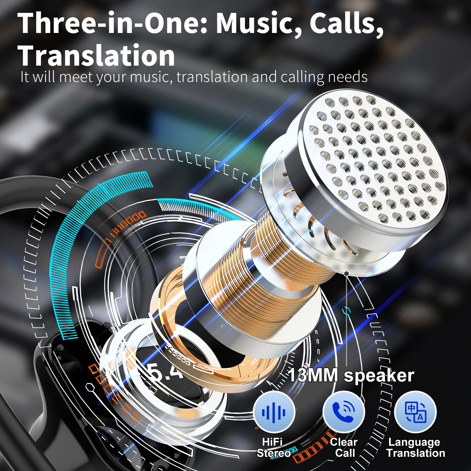 OYIB AI Language Translation Earbuds Real Time, 3-in-1 Translator Earbuds with 6 Translation Modes/164 Language, 50H Bluetooth 5.4 Headphones Translating Device for Travel/Business//Leaning, Black