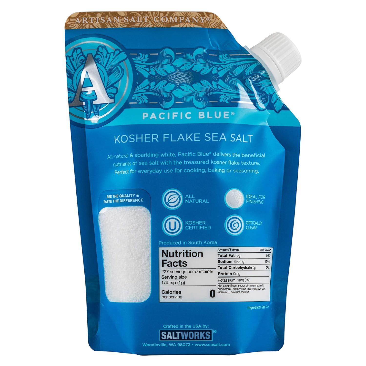SaltWorks Pacific Blue Kosher Flake Sea Salt, Artisan Pour Spout Pouch, 8 Ounce : Grocery & Gourmet Food