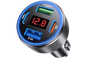 AGEK USB C Car Charger, 4 Port 78W Dual USB Car Charger Adapter Fast Charging Multi Port Cigarette Lighter Adapter with Voltmeter Type C Phone Car Accessories for iPhone 17/16/15/14, Samsung Galaxy, iPad