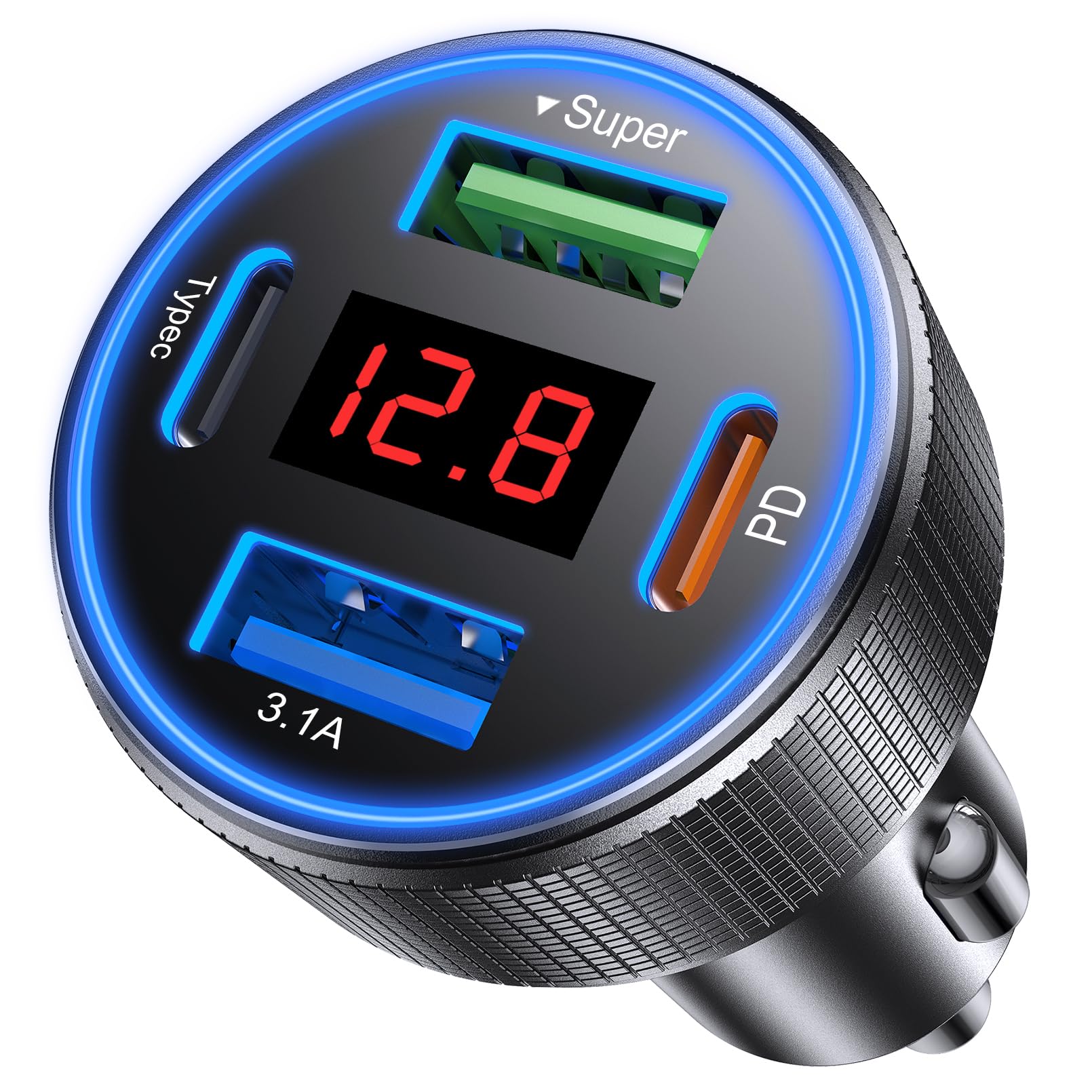 AGEK USB C Car Charger, 4 Port 78W USB Car Charger Adapter Fast Charging Multi Port Cigarette Lighter Adapter with Voltmeter Type C Phone Car Accessories for iPhone 17/16/15/14, Samsung Galaxy, iPad