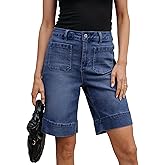 luvamia Bermuda Shorts for Women High Waisted Trendy Patch Pocket Casual Vintage Long Stretchy Denim Shorts Summer Jorts