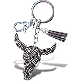 Aqua79 Longhorn Keychain - Grey Sparkling Rhinestones Charm with Tassel, Fashionable Stylish Polyester PU Wild Life Key Ring Bling Jewelry Accessory with Clasp
