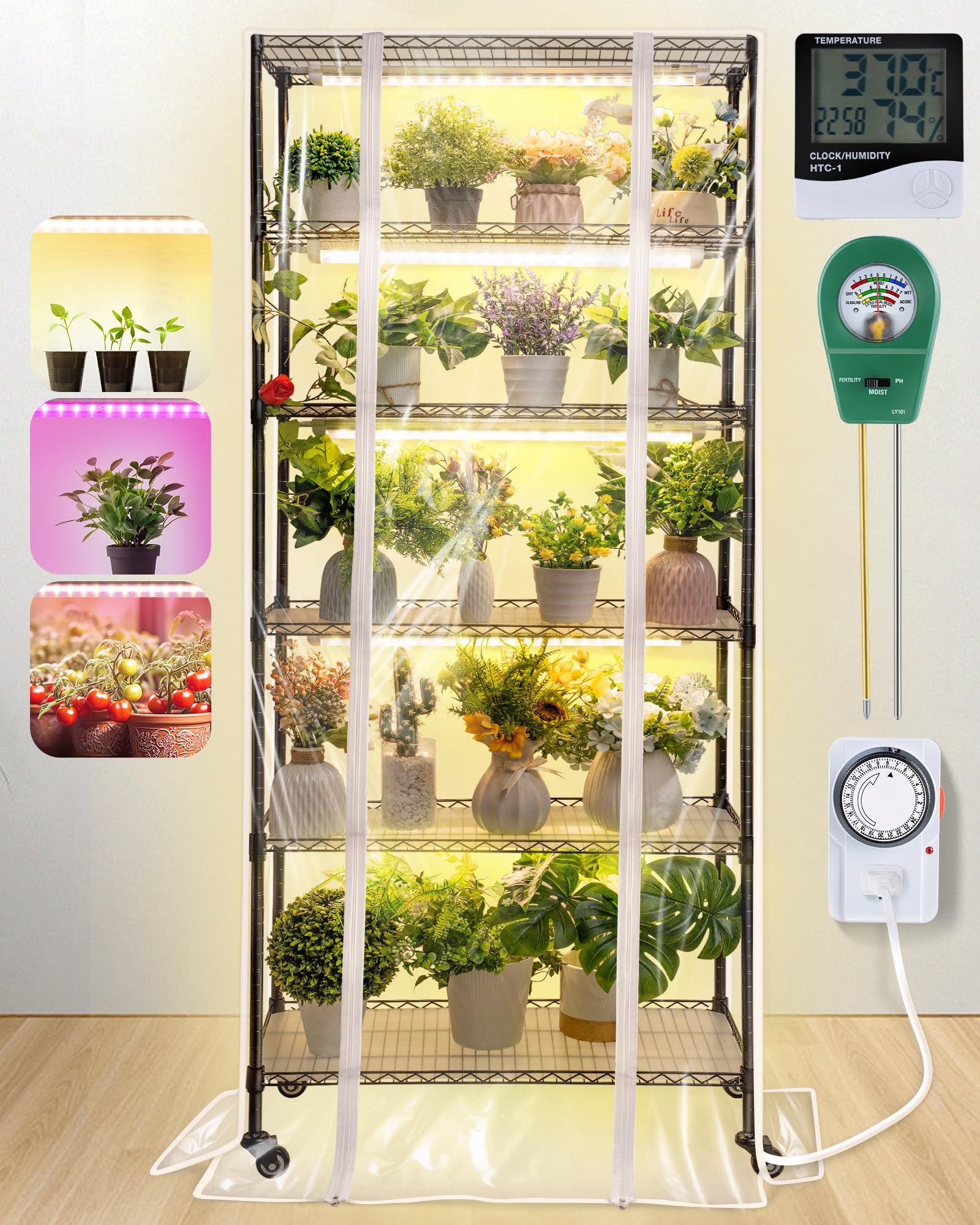 Photo 1 of *****PARTS ONLY****Meonum Plant Shelf with Grow Lights, 6 Tier DIY Metal Grow Rack with 90W LED Growing Lamps for Seed Starting, Indoor Greenhouse with Cover, Mechanical Timer, Thermometer, pH Meter, PP Waterproof Pads