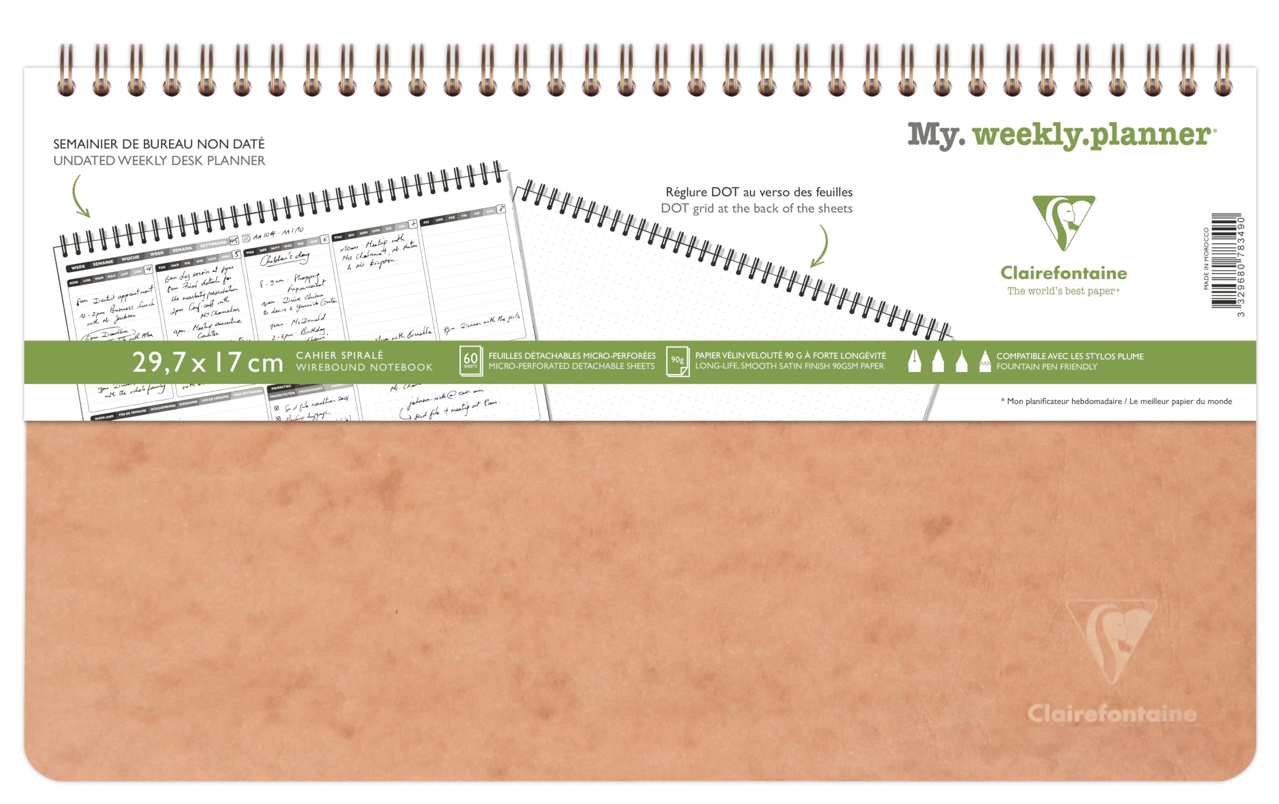 Clairefontaine 78349C Collection Age Bag My.weekly.planner Tobacco Spiral Notebook - 29,7x17 cm - 120 Pages Office Planner DOT - White Paper 90 g - Card Cover