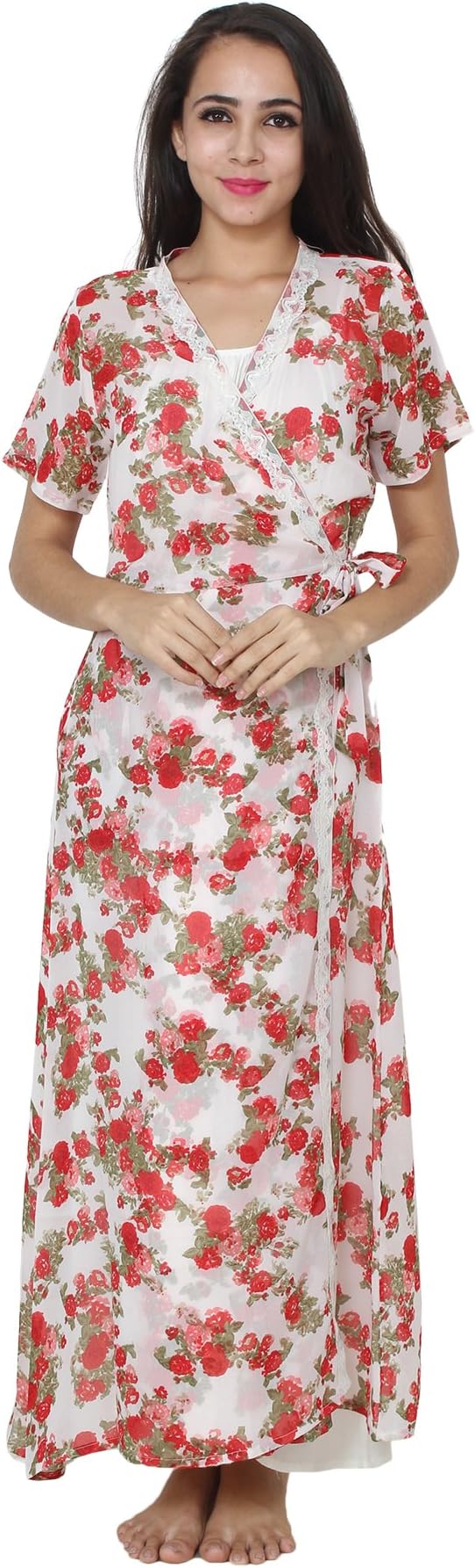 PATRORNA Women's Cotton Blend Floral Maxi Nighty with Robe