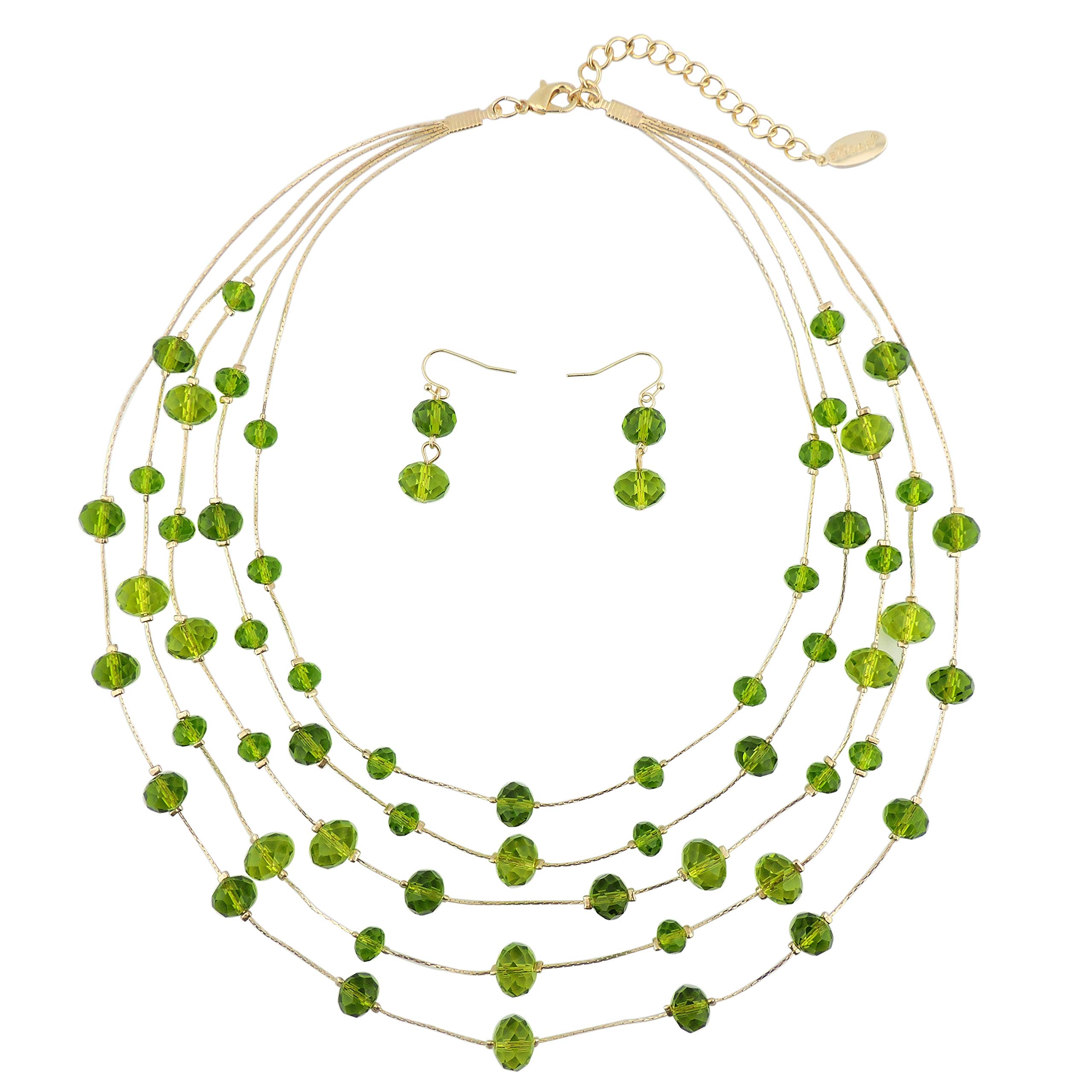Bocar 5 Layer Handmade Beads Necklace Earring Set Illusion Necklace for Women (NK-10464-green)