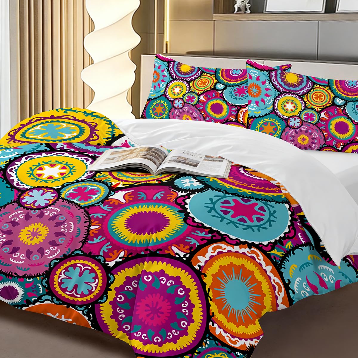 BlessLiving Boho Bedding Colorful Moroccan Duvet Cover Purple Pink Teal Orange 3 Piece Medallion bedspread Single Size