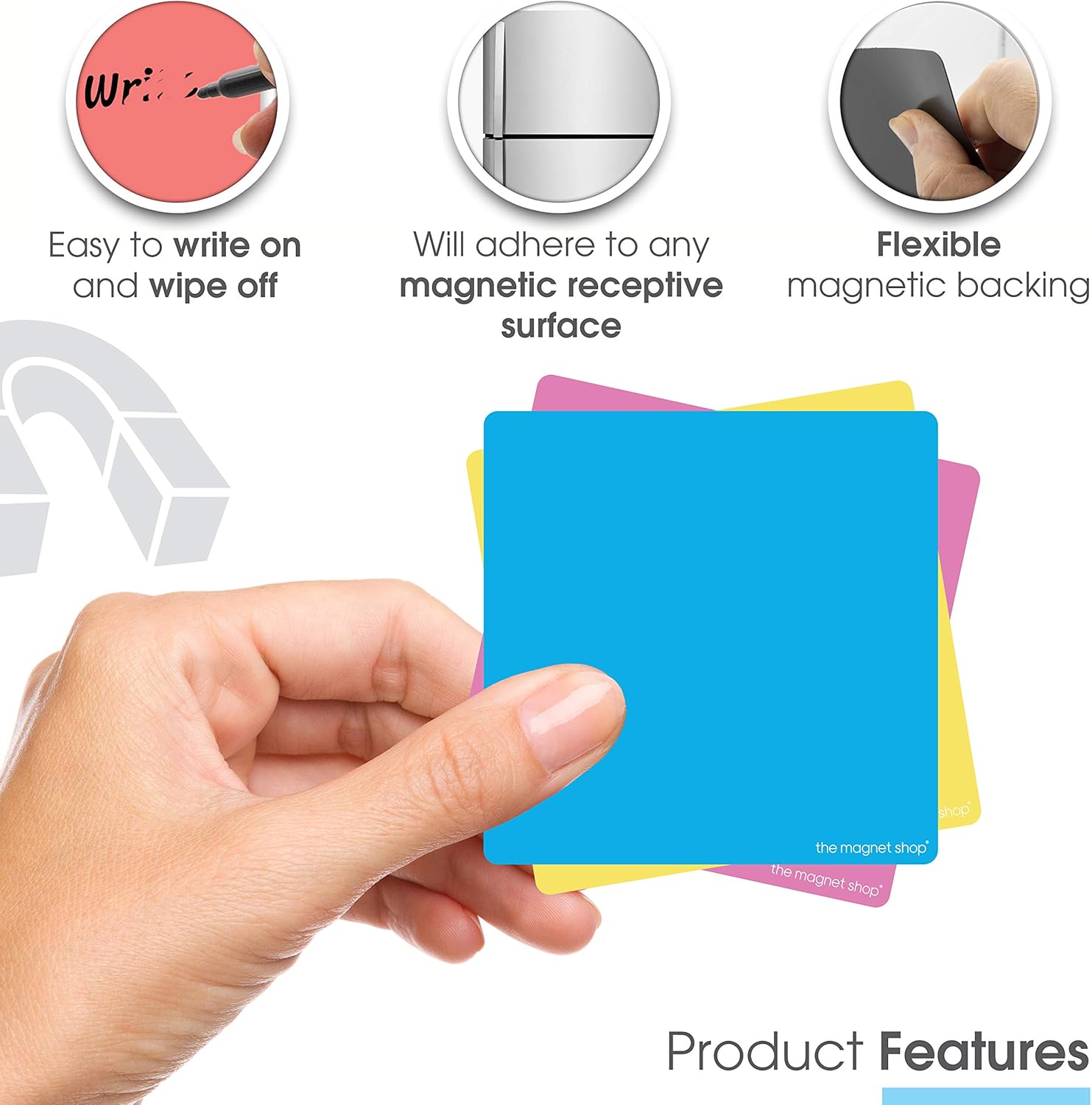 TMS Magnetic Sticky Notes, Neon Coloured Dry Wipe Reusable Labels and Dry Erase Marker Pen, Bright, 95mm x 95mm - Image 4