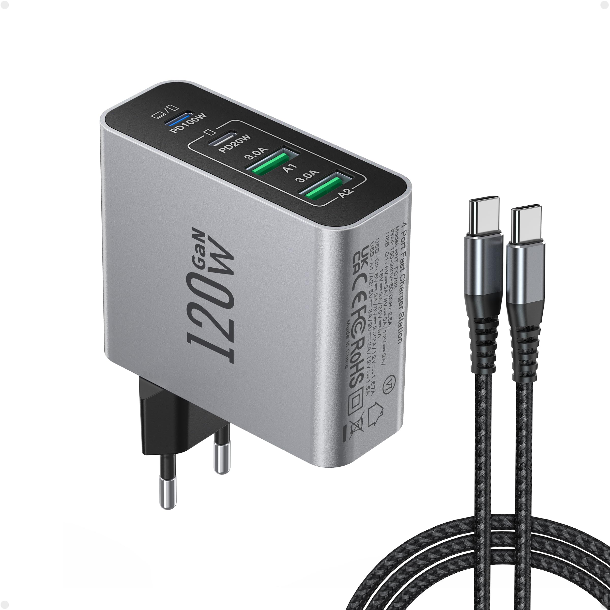 ANYKON 120W USB C Ladegerät, 4-Port 100W & 20W Laptop Schnellladegerät mit 2 m 100 W USB C Kabel, USB C Netzteil Für MacBook Air Pro, iPad, iPhone 17 16 15 14 Pro/Pro Max, Samsung, Switch