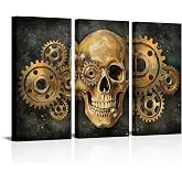 iHAPPYWALL 3 Pieces Cool Wall Art Skull Painting on Canvas Gear Wheel Picture Halloween Day of Dead Home Bedroom Decor