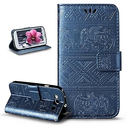 Kompatibel mit Galaxy S3 Hülle,Galaxy S3 Neo Hülle,Prägung Ethnic Tribal Elefant PU Lederhülle Flip Hülle Cover Ständer Etui 