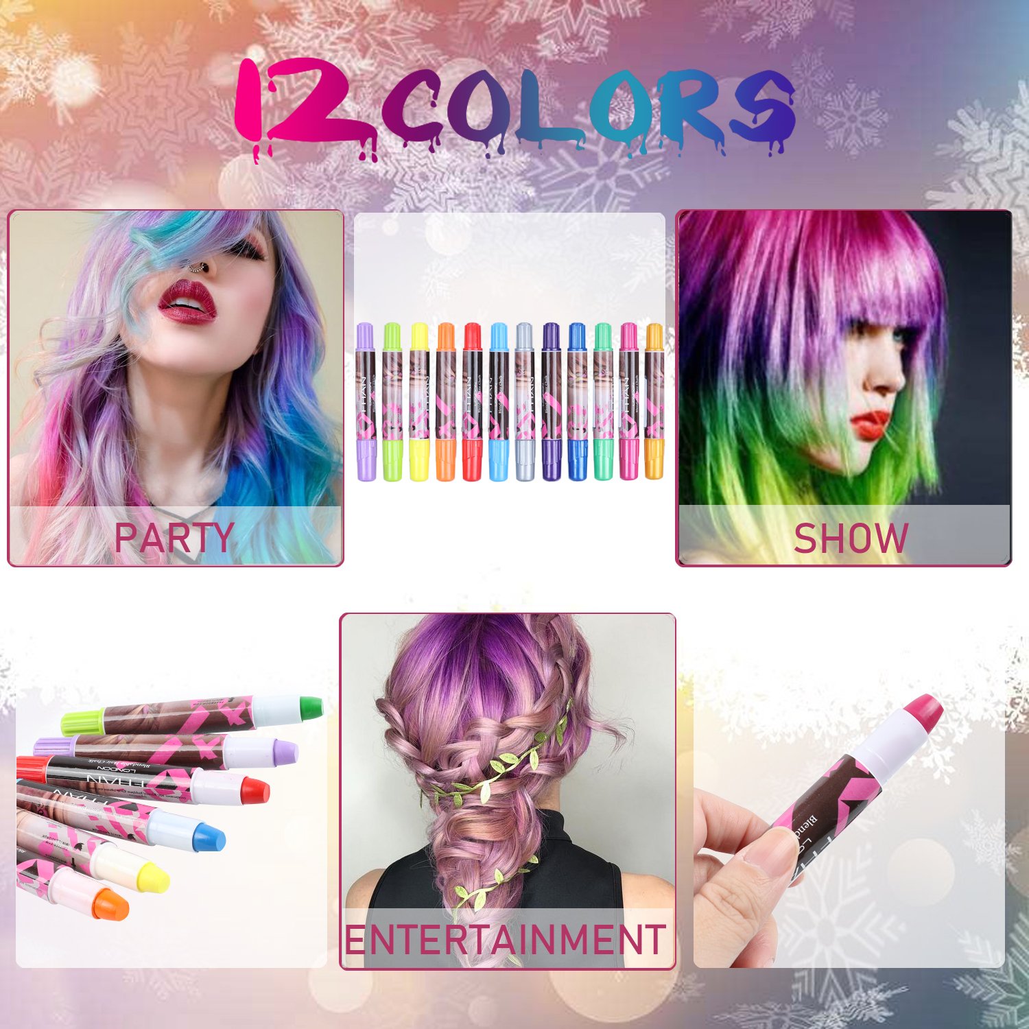 Temporary Bright Hair Chalk Set - XIAO MO GU 12 Colorful Hair Chalk Pens for All Hair Colors- Non-Toxic Portable Hair Coloring Chalk for Girls, Great Christmas Birthday Gifts Present for Girls