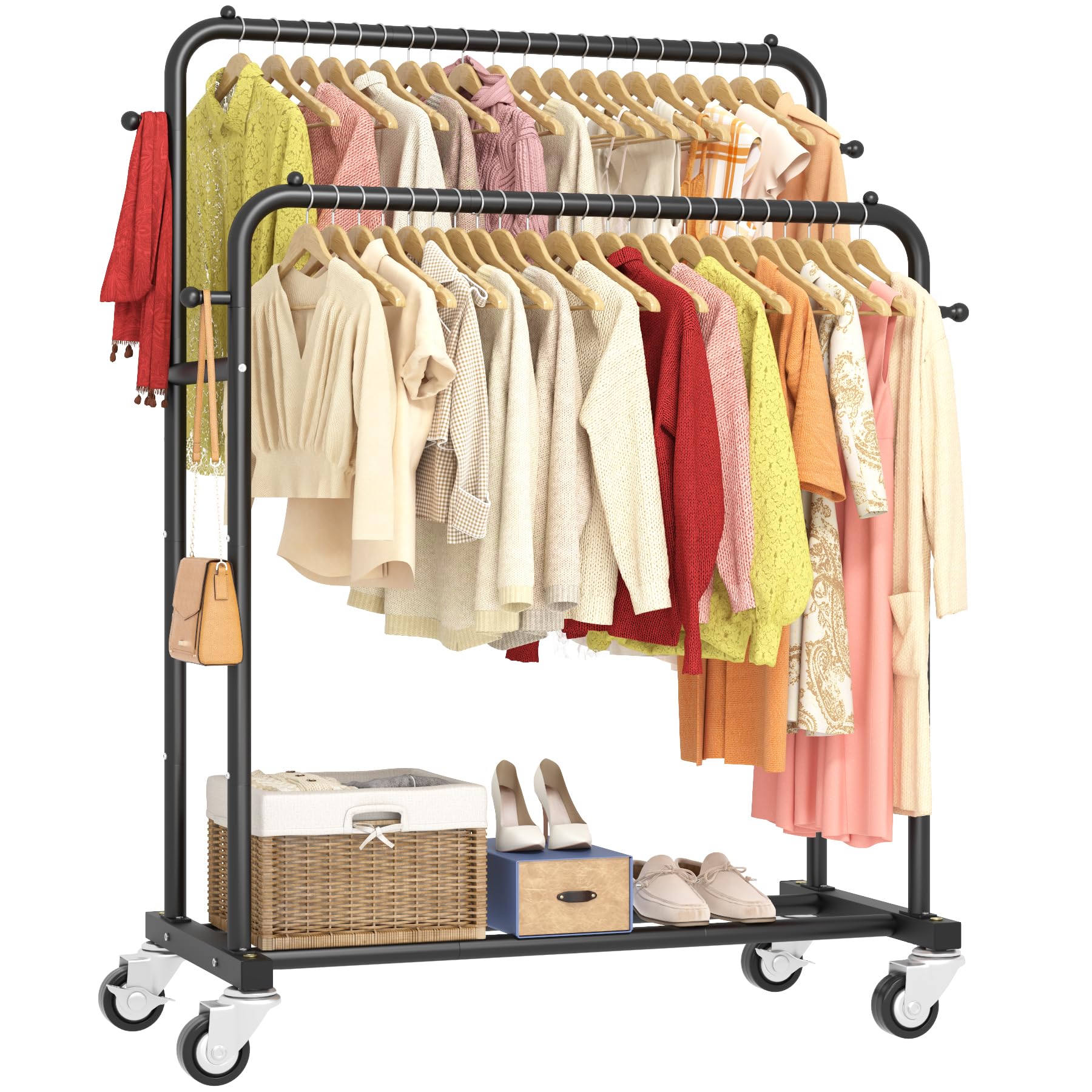Photo 1 of Laiensia Double Rods Garment Rack with Wheels, Clothing Rack for Hanging Clothes,4 Hooks, Multi-functional Bedroom Clothes Rack, Black