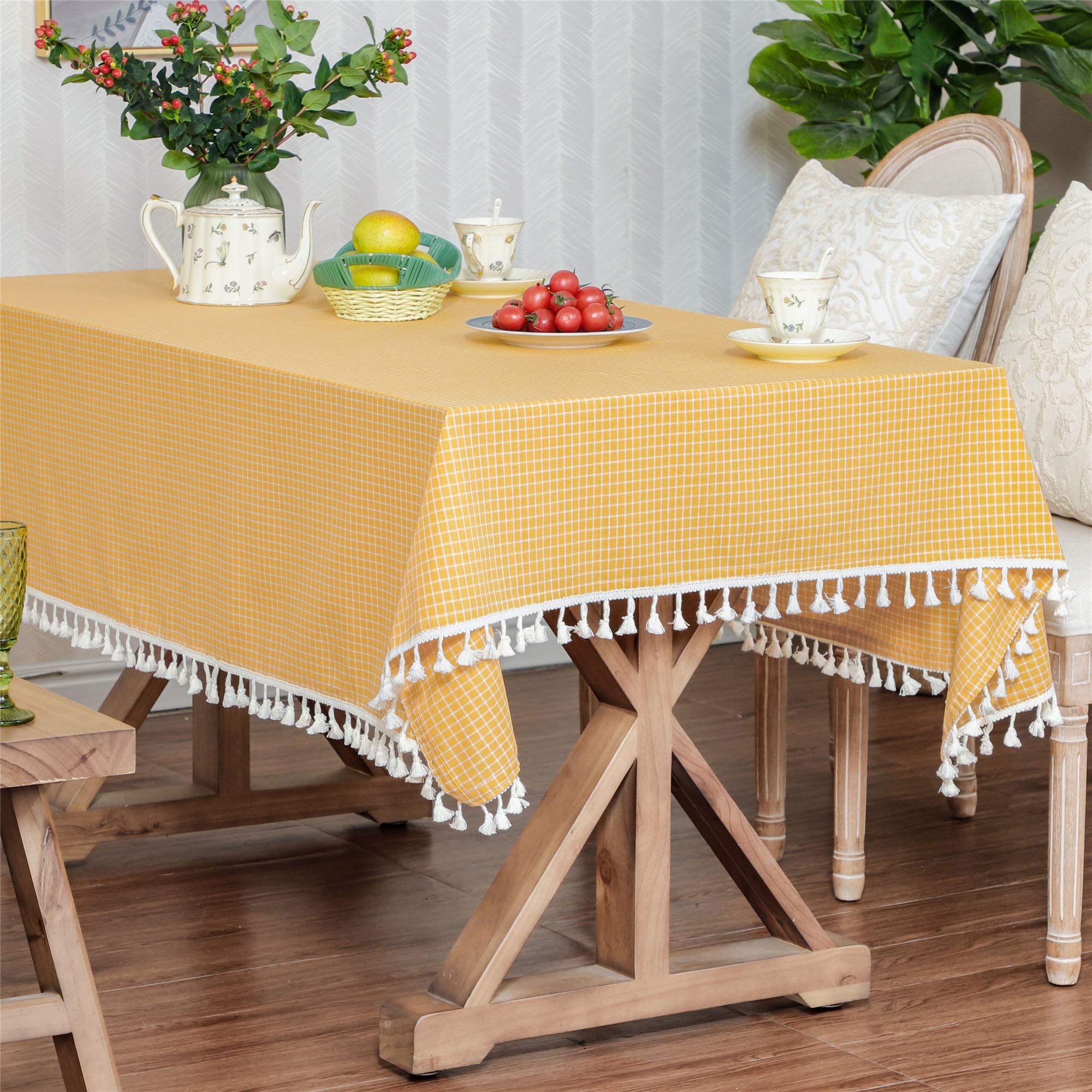 LUCKYHOUSEHOME Yellow and White Checkered Tassel Rectangular Tablecloth Cotton Linen Rural Home Kitchen Dinning Tabletop Table Cover 55 x 71 Inch