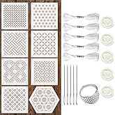 Yousoontic 24 Sashiko Stencil Kit, 4.7" Plastic Templates, Classic | Geometric Patterns for Quilting Embroidery, Includes Thimble Needles Thread, Reusable Kit for Sashiko Stitching Projects