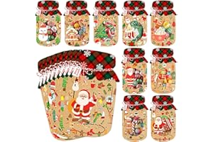 Openfly 36 Pack Christmas Mason Jar Cards, Xmas Mason Jar Paper Card with 48 Clear Treat Bags & Adhesive Strips for DIY Chris