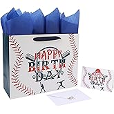 wishinside 13” Large Baseball Happy Birthday Gift Bag Set with Handles, Greeting Card, Tissue Papers and Stickers for Boys Kids Teens, Sport Themed Birthday Design, 1 Pcs