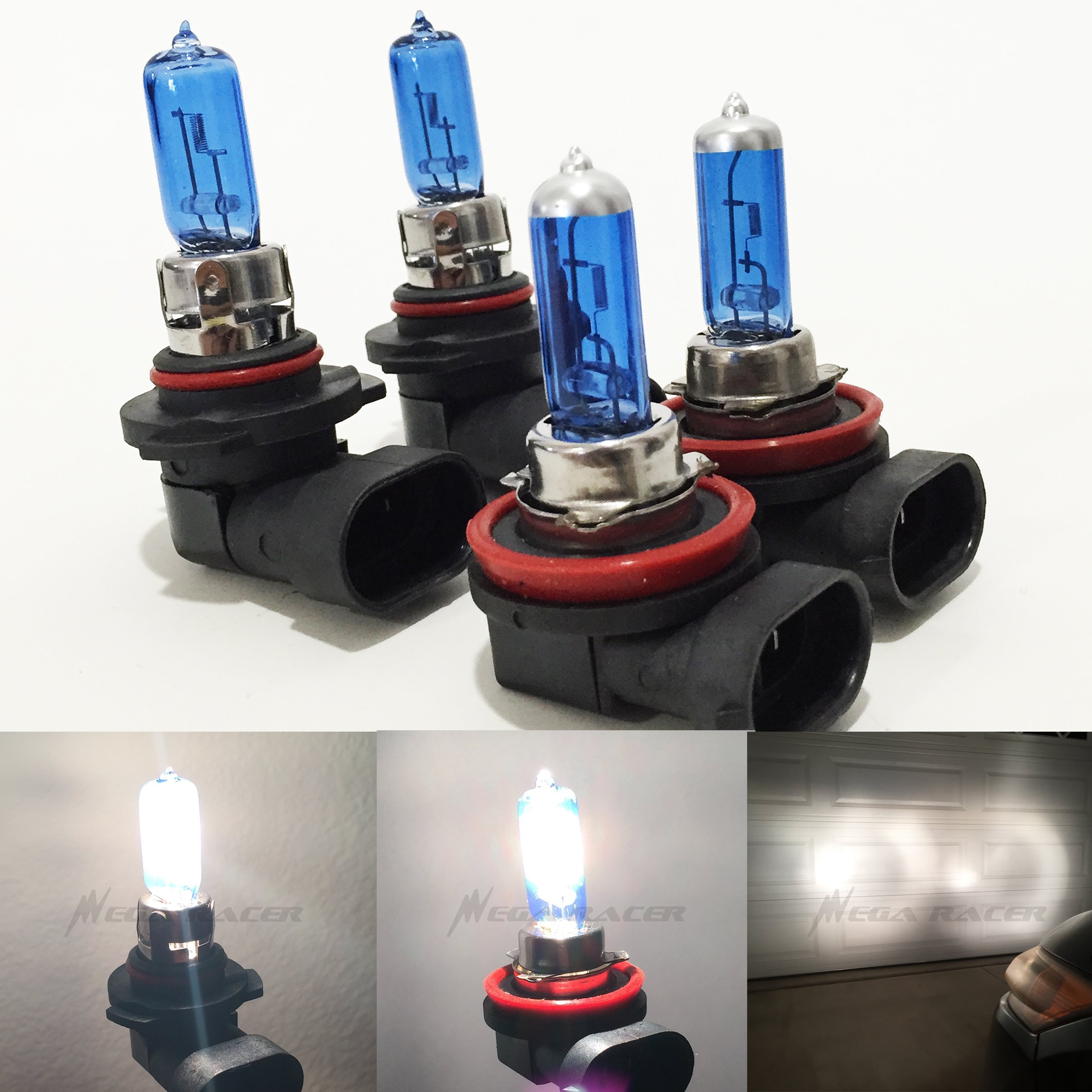 Mega Racer H11 9005 Halogen Headlight Bulbs Combo - Super White 5000K 12V 100W, Hi Lo High and Low Beam, Automotive Headlight Bulbs Replacement Upgrade, Xenon, 4 Pack