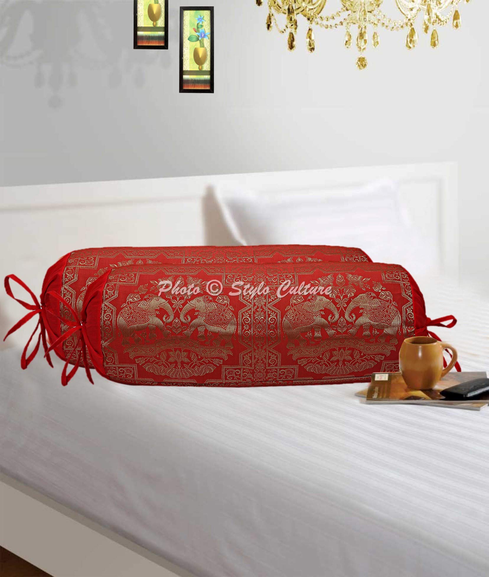 Stylo Culture Ethnic Polydupion Elephant Tube Body Bolster Pillow Covers Red Golden Elephant Round Brocade Large Couch Round Cylinder Cushion Covers (Set of 2) | 30x15 Inches (76x38 cm)