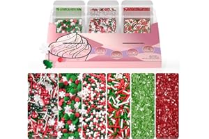 HUEBEATY 6-in-1 Christmas Red and Green Sprinkles for Cookies Baking - 180g Nonpareils, Jimmies, Christmas Tree & Sugar Sprinkles, Holiday Santa Sprinkles Bulk for Cakes, Cupcakes, Hot Chocolate Decorating